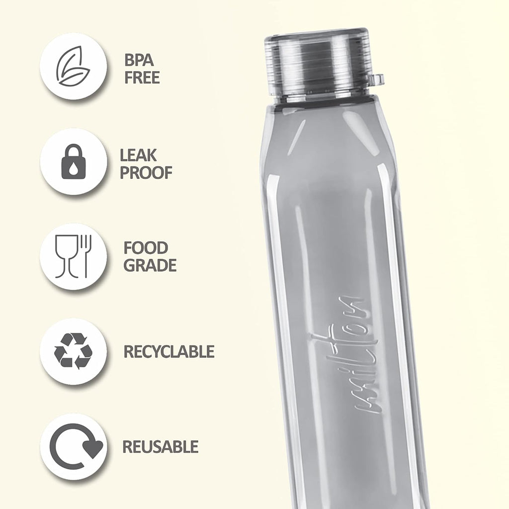 MILTON Prime 1000 Water Bottle, 1 Litre, Reusable Plastic Fridge Bottle, BPA Free and Leak Proof Bottles for Travel, Work, Pack of 1, Grey