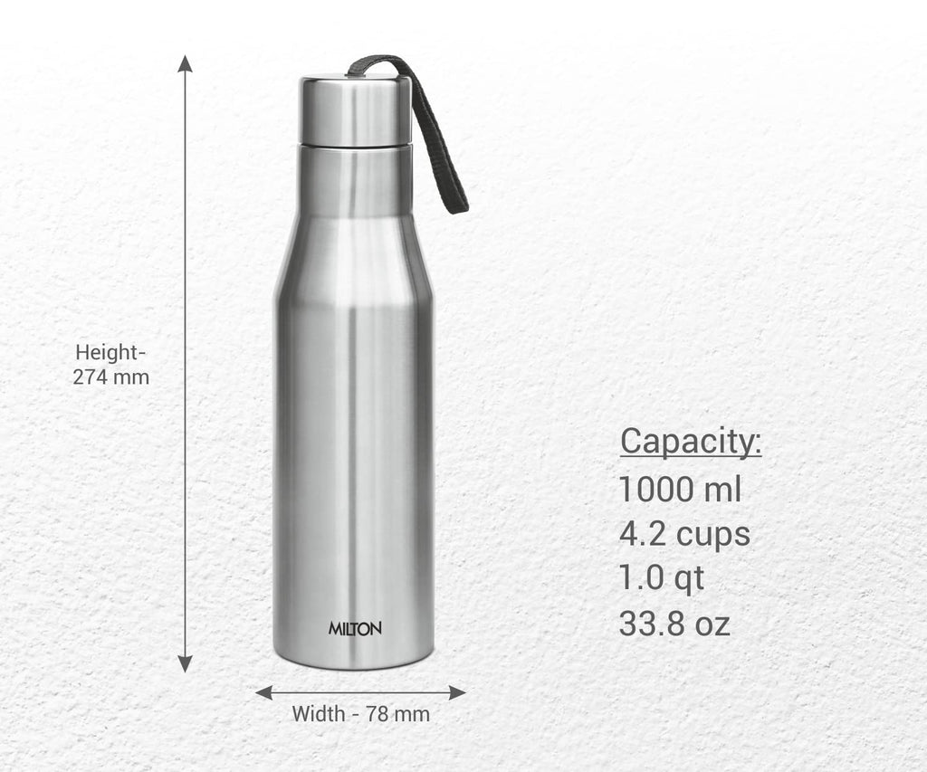 MILTON Super 1000 Stainless Steel Water Bottle 1000ml | Single Wall | Leak-Proof Lid, Rust-Free | ISI Certified | BPA-Free | For School, Office, Gym, Travel | Silver