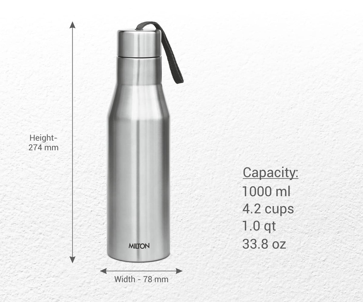 MILTON Super 1000 Stainless Steel Water Bottle 1000ml | Single Wall | Leak-Proof Lid, Rust-Free | ISI Certified | BPA-Free | For School, Office, Gym, Travel | Silver