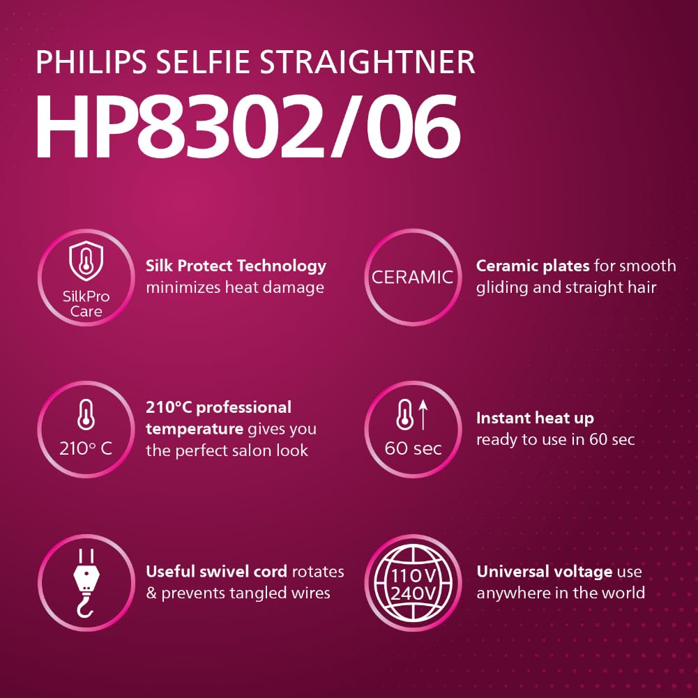 Philips India's No.1 Hair Styling Brand Selfie Hair Straightener, Minimized Heat Damage,SilkPro Care, Ceramic Plates,Smooth Shiny Straight Hair, 210°C Temp, Salon like Result | For Indian Hair, HP8302