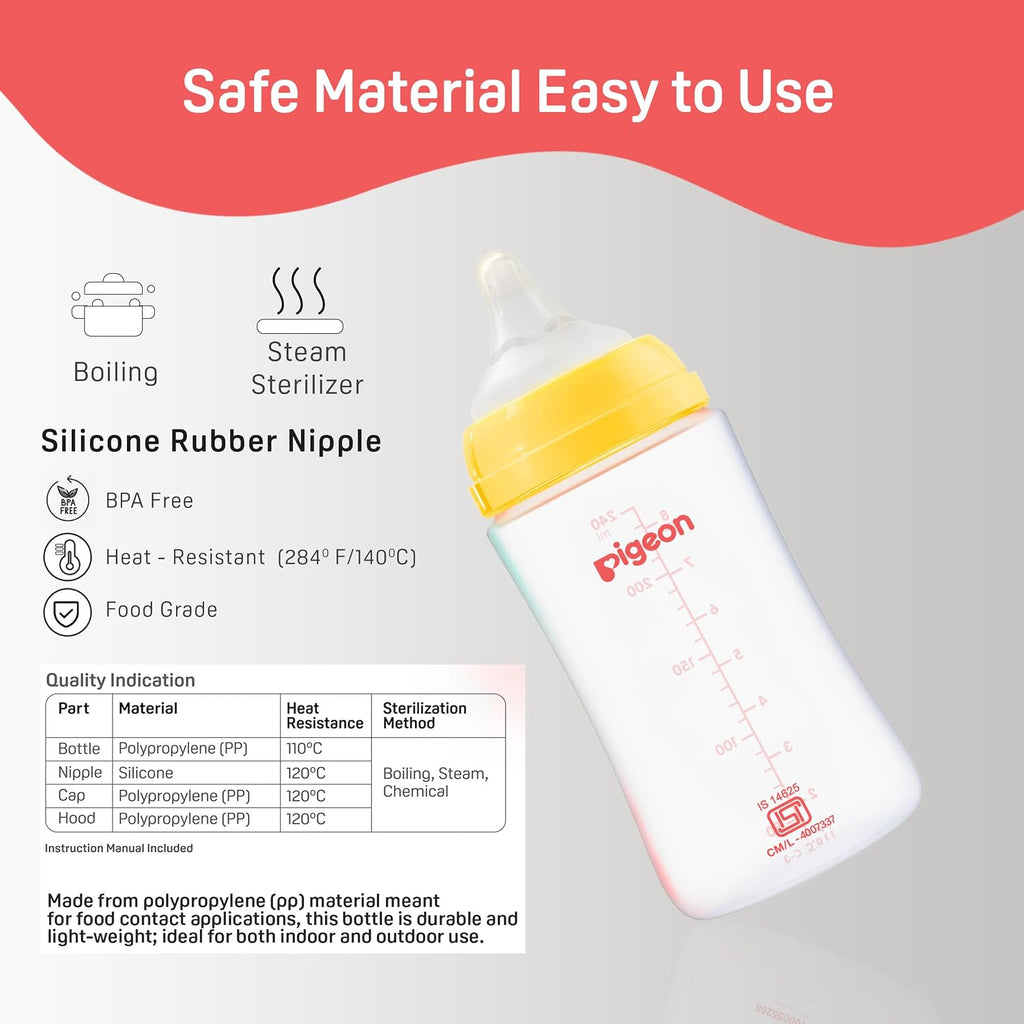 Pigeon Softlatch Baby Feeding Bottle for new Born| Japan's No.1 Brand | Wide Neck | with Anti-Colic Nipple | 3+ Month Babies | Yellow Colour | 240ml Nipple