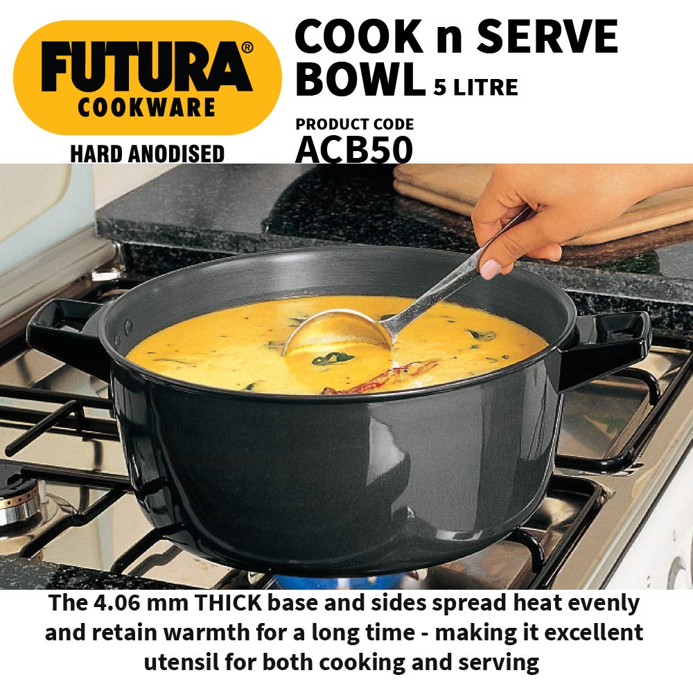 Hawkins Futura 5 Litre Cook n Serve Bowl, Hard Anodised Saucepan with Hard Anodised Lid, Sauce Pan for Cooking and Serving, Black (ACB50), Aluminium