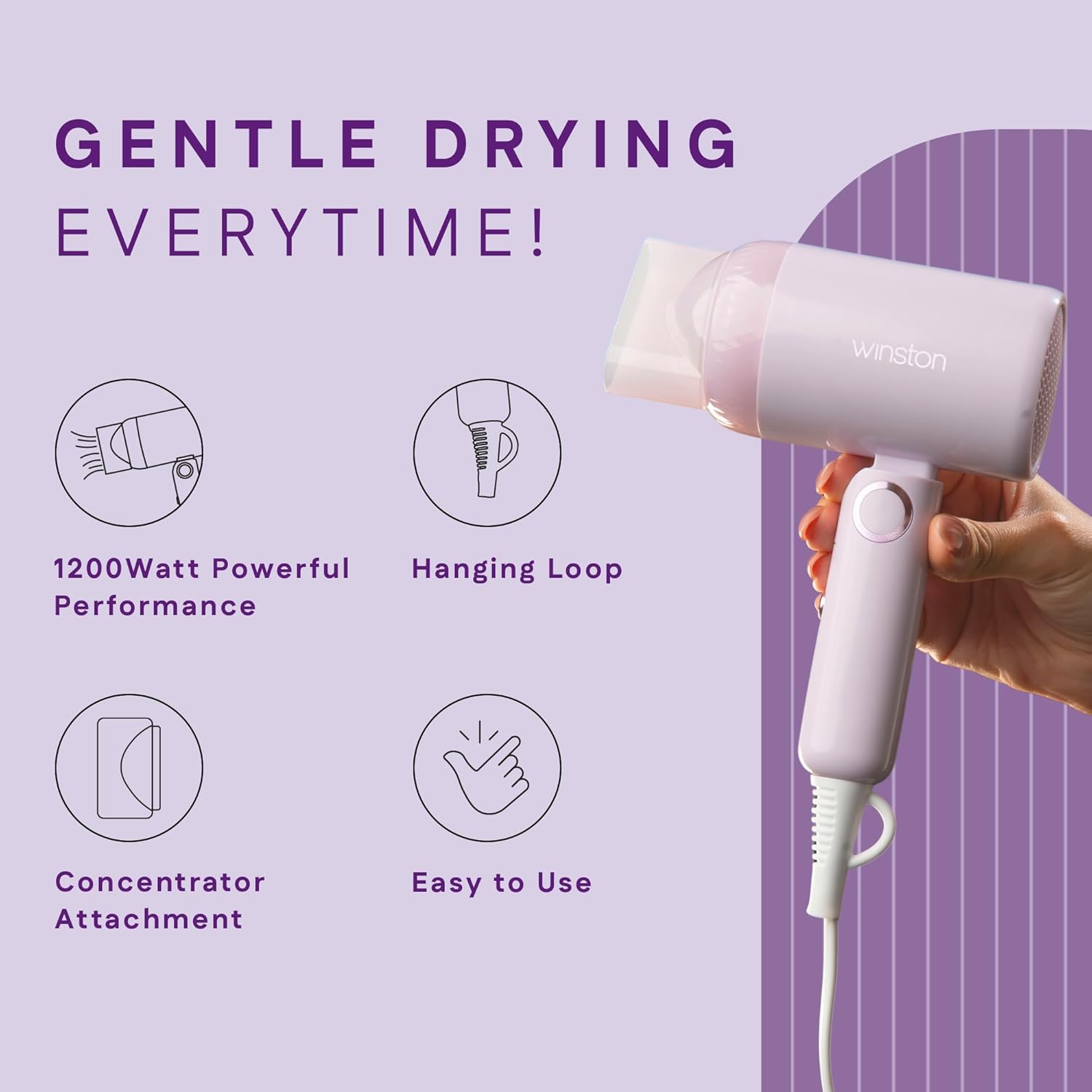 WINSTON Ionic Foldable Hair Dryer - 1200W | Compact, Foldable, and Damage-Free Drying Blow Dryer with Low Noise & Overheat Protection - 1 Year Warranty