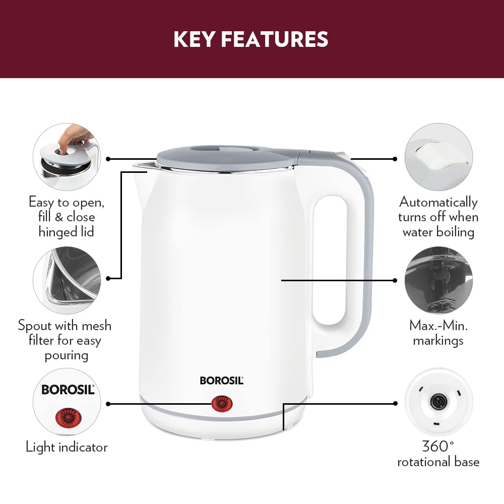 Borosil 1.8 L 1800W Cooltouch Multipurpose Electric Kettle | Auto Shut off | Wide Mouth | 304 Food Grade Stainless Steel with Double Wall Cooltouch Exterior | 1 year Warranty | White