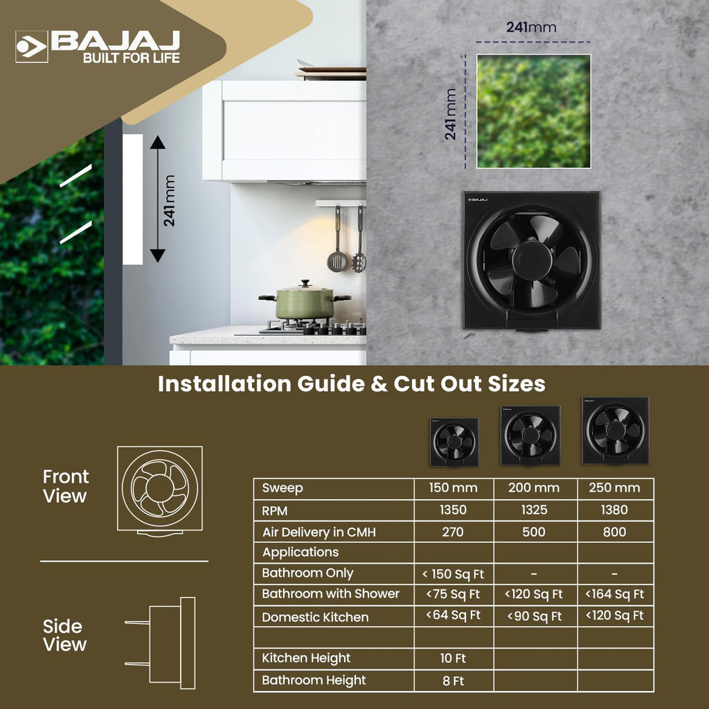 Bajaj AirOut 200 MM 4 Star Dom Exhaust Fan | Back Shutter | 100% Copper Motor | Auto Thermal Protector | Aerodynamaically Designed Blade【Black】