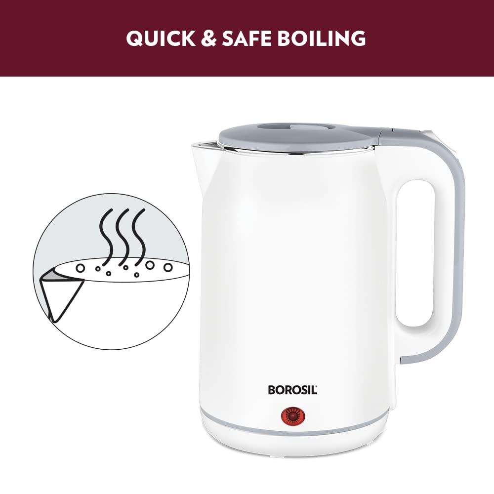 Borosil 1.8 L 1800W Cooltouch Multipurpose Electric Kettle | Auto Shut off | Wide Mouth | 304 Food Grade Stainless Steel with Double Wall Cooltouch Exterior | 1 year Warranty | White
