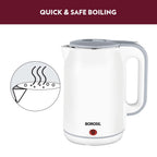 Borosil 1.8 L 1800W Cooltouch Multipurpose Electric Kettle | Auto Shut off | Wide Mouth | 304 Food Grade Stainless Steel with Double Wall Cooltouch Exterior | 1 year Warranty | White