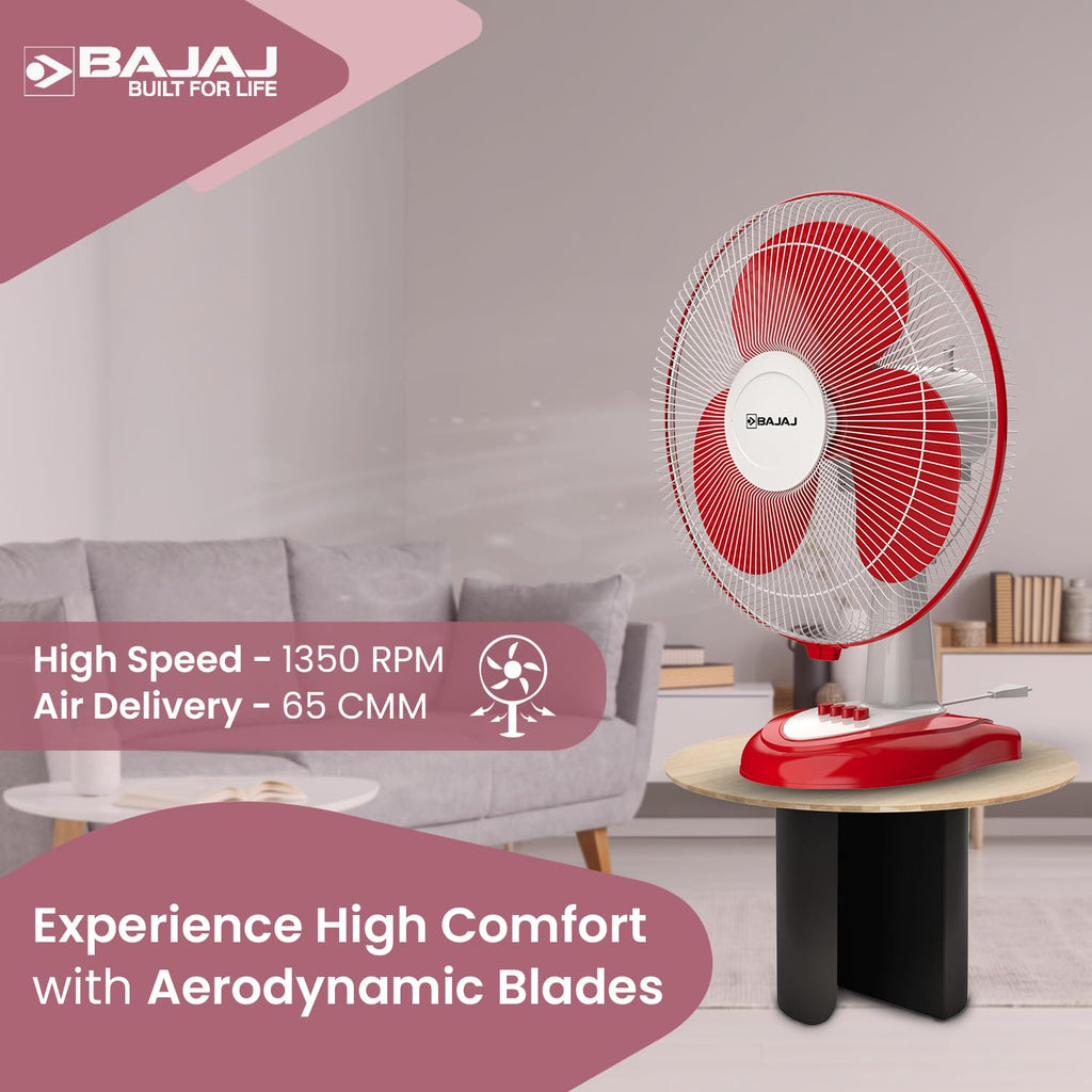 Bajaj Frore Neo Table Fan 400 MM | Table Fans For Home & Office | Aerodynamically Balanced Blades | 100% Copper Motor | High Air Delivery | 3-Speed Control | 2-Yr Warranty 【Red】