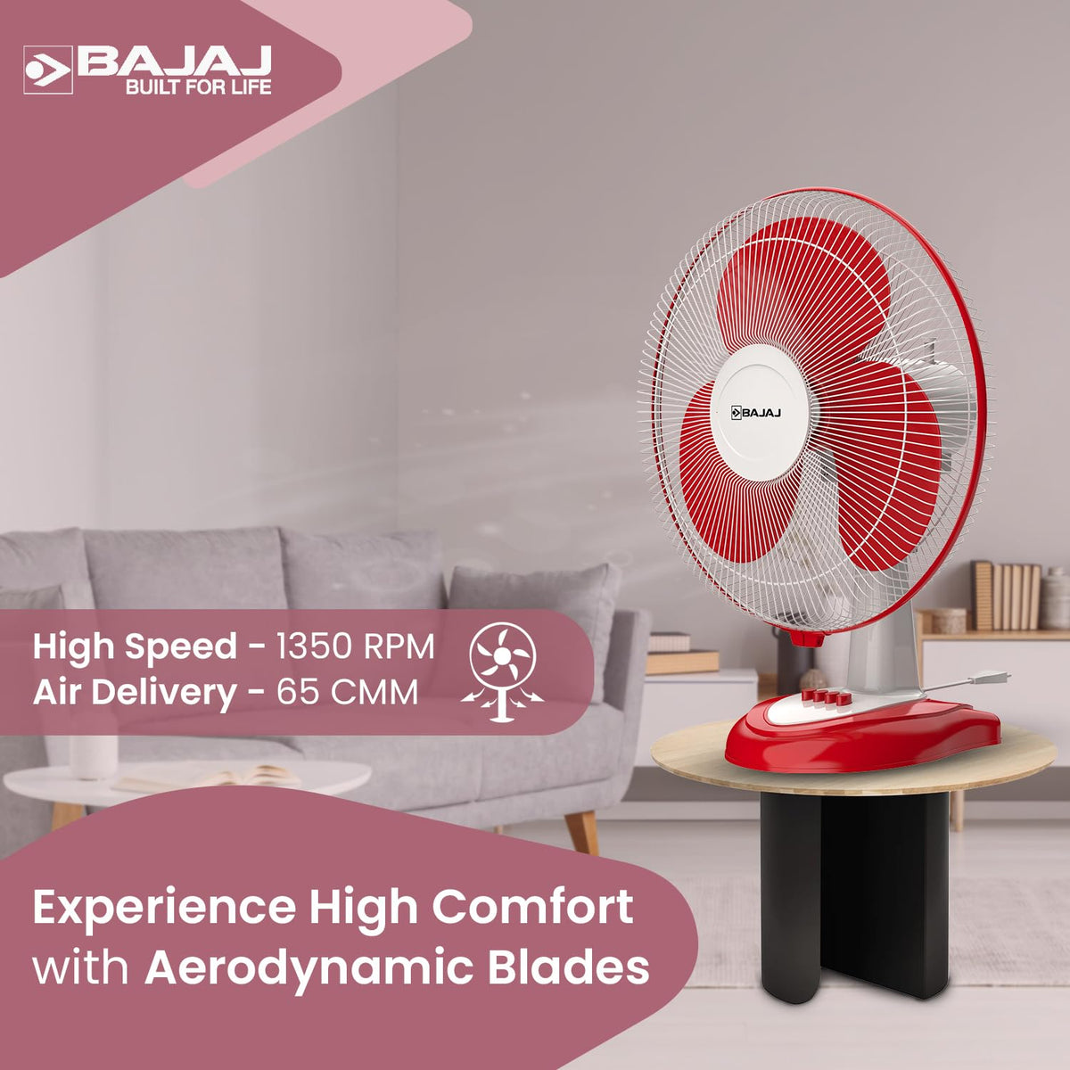 Bajaj Frore Neo Table Fan 400 MM | Table Fans For Home & Office | Aerodynamically Balanced Blades | 100% Copper Motor | High Air Delivery | 3-Speed Control | 2-Yr Warranty 【Red】