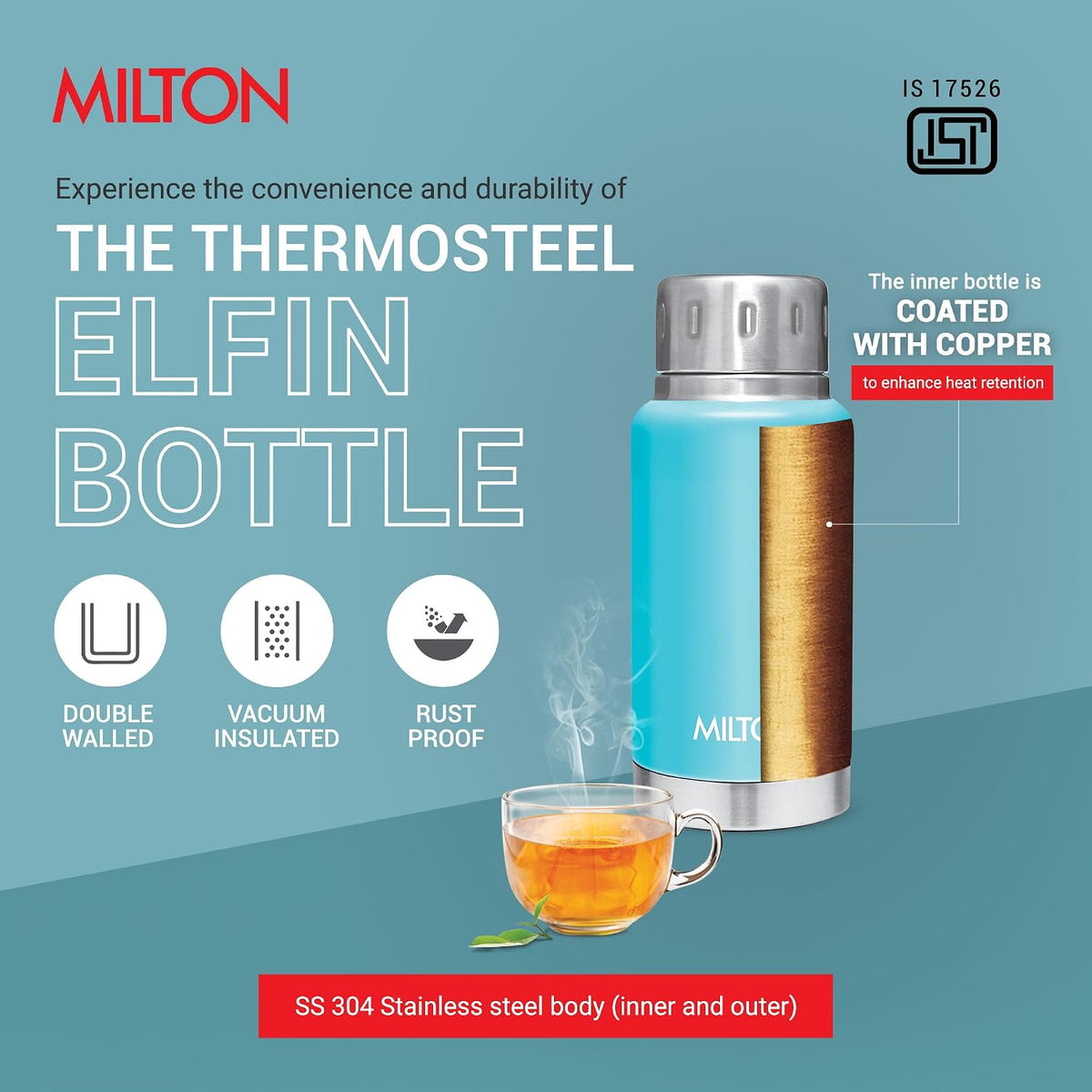 Milton Elfin 160 Thermosteel Water Bottle 160 ml, 24 Hr Hot and Cold I Leak Proof Lid, ISI Certified I Vacuum Insulated I for Office, Gym, School I Light Blue
