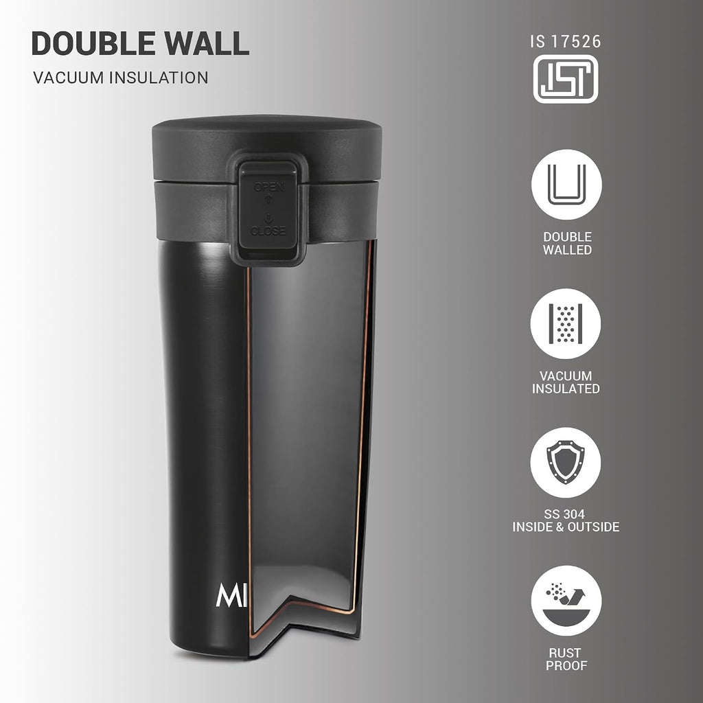 MILTON Go Electro 1.5L Fast Boil Kettle 1350W with 3x Safety Protection + 350ml Double Wall Vacuum Insulated Coffee Mug with Strainer, Stainless Steel Hot & Cold Combo for Home, Office, Travel,Gifting