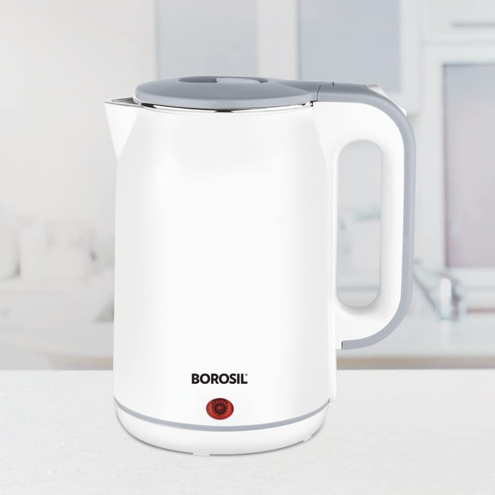 Borosil 1.8 L 1800W Cooltouch Multipurpose Electric Kettle | Auto Shut off | Wide Mouth | 304 Food Grade Stainless Steel with Double Wall Cooltouch Exterior | 1 year Warranty | White