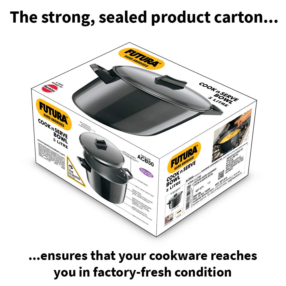 Hawkins Futura 5 Litre Cook n Serve Bowl, Hard Anodised Saucepan with Hard Anodised Lid, Sauce Pan for Cooking and Serving, Black (ACB50), Aluminium