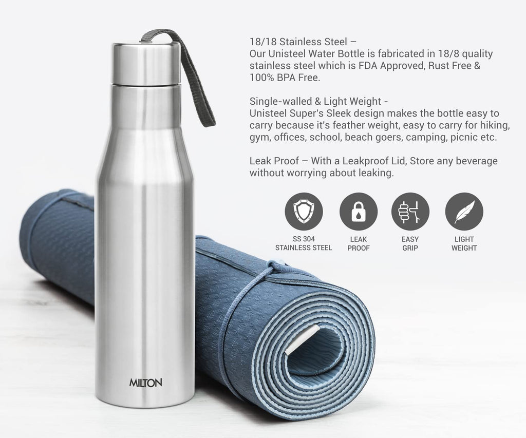 MILTON Super 1000 Stainless Steel Water Bottle 1000ml | Single Wall | Leak-Proof Lid, Rust-Free | ISI Certified | BPA-Free | For School, Office, Gym, Travel | Silver