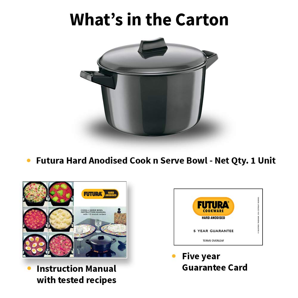 Hawkins Futura 5 Litre Cook n Serve Bowl, Hard Anodised Saucepan with Hard Anodised Lid, Sauce Pan for Cooking and Serving, Black (ACB50), Aluminium