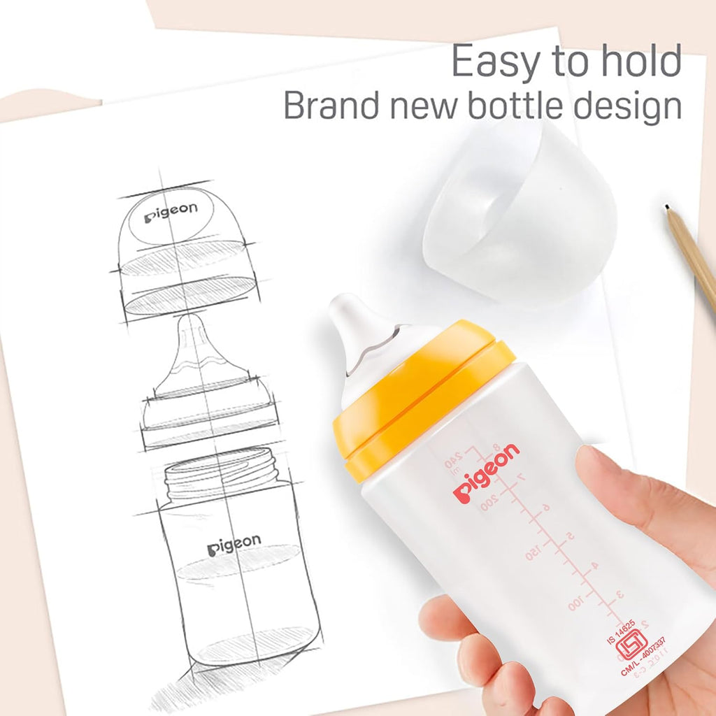 Pigeon Softlatch Baby Feeding Bottle for new Born| Japan's No.1 Brand | Wide Neck | with Anti-Colic Nipple | 3+ Month Babies | Yellow Colour | 240ml Nipple