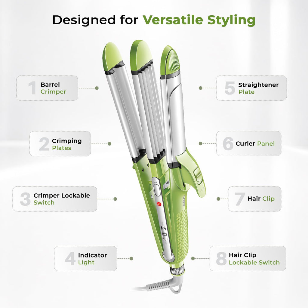 VGR 4-in-1 Hair Styler - Hair Straightener, Curler, Crimper, and Waving Tool with Ceramic Coating Plates & Adjustable Heat Settings | Uniform Heat Technology | 2-Year Warranty (V-569, Green)