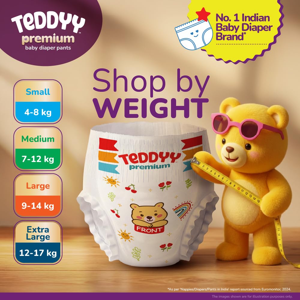 Teddyy Premium Baby Diaper L size, Pant Style | Large (9-14 kg), 32 Pants | Butter Soft Feel, Anti-Rash with Aloe Vera, 12 Hours Dryness Lock