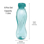 MILTON Oscar, Pack of 6 Water Bottles, 1 Litre each, Reusable Plastic Fridge Bottle Set, BPA Free and Leak Proof Bottles for Travel, Work, Blue