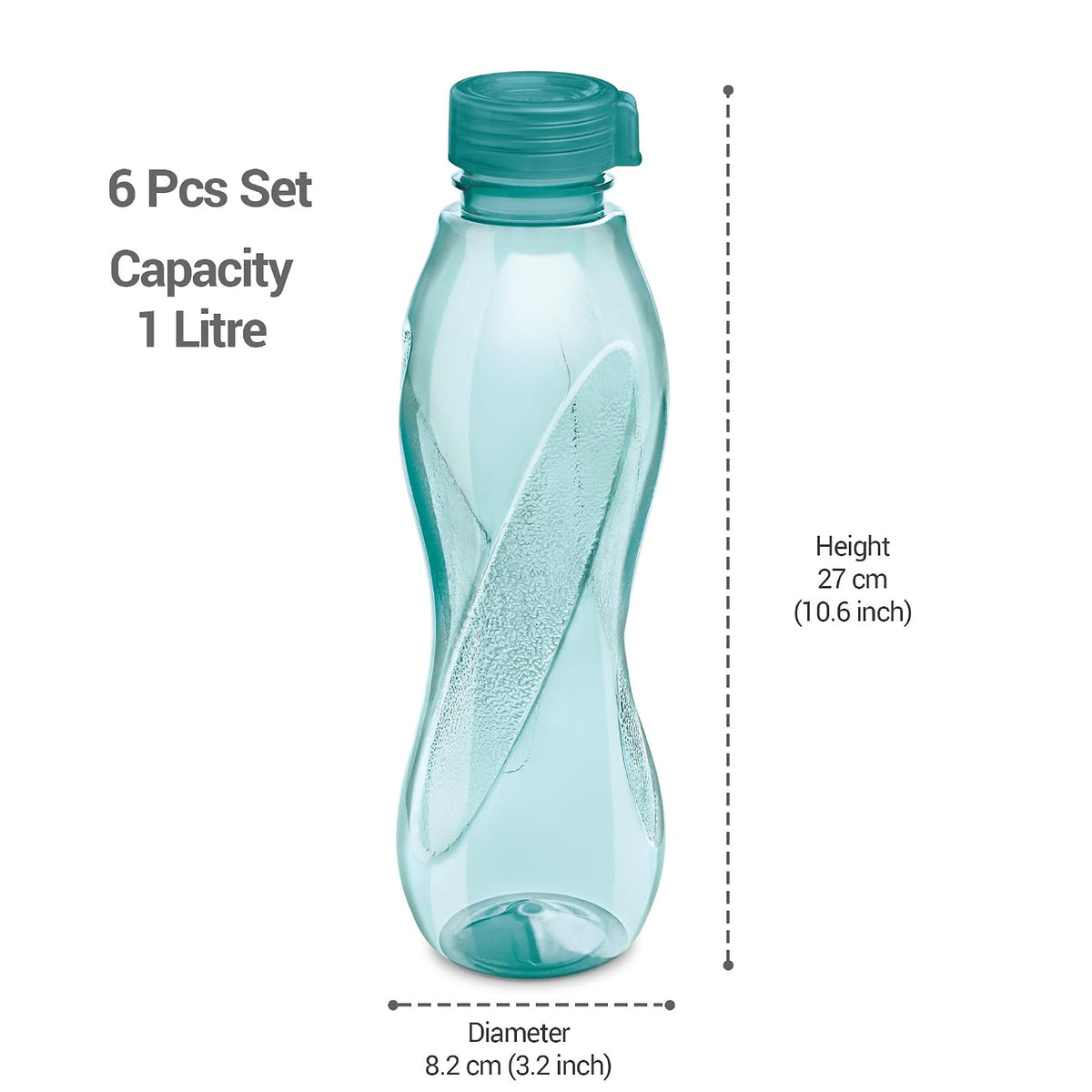 MILTON Oscar, Pack of 6 Water Bottles, 1 Litre each, Reusable Plastic Fridge Bottle Set, BPA Free and Leak Proof Bottles for Travel, Work, Blue
