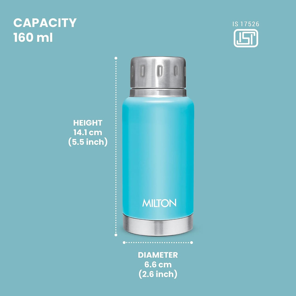 Milton Elfin 160 Thermosteel Water Bottle 160 ml, 24 Hr Hot and Cold I Leak Proof Lid, ISI Certified I Vacuum Insulated I for Office, Gym, School I Light Blue