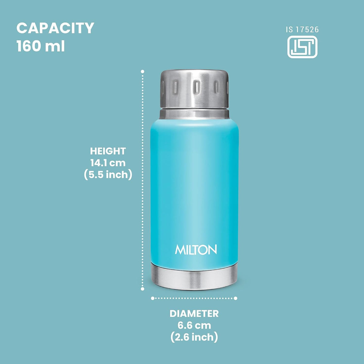 Milton Elfin 160 Thermosteel Water Bottle 160 ml, 24 Hr Hot and Cold I Leak Proof Lid, ISI Certified I Vacuum Insulated I for Office, Gym, School I Light Blue