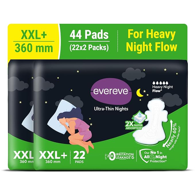 Evereve Ultra-Thin Nights Sanitary Pads for Women, XXL+ 360mm, 60% Longer & Wider Back, Soft & Breathable, Rash-Free Comfort, 2X Faster Absorption, Dry Feel Protection, Heavy Flow Night Use, Pack of 22x2