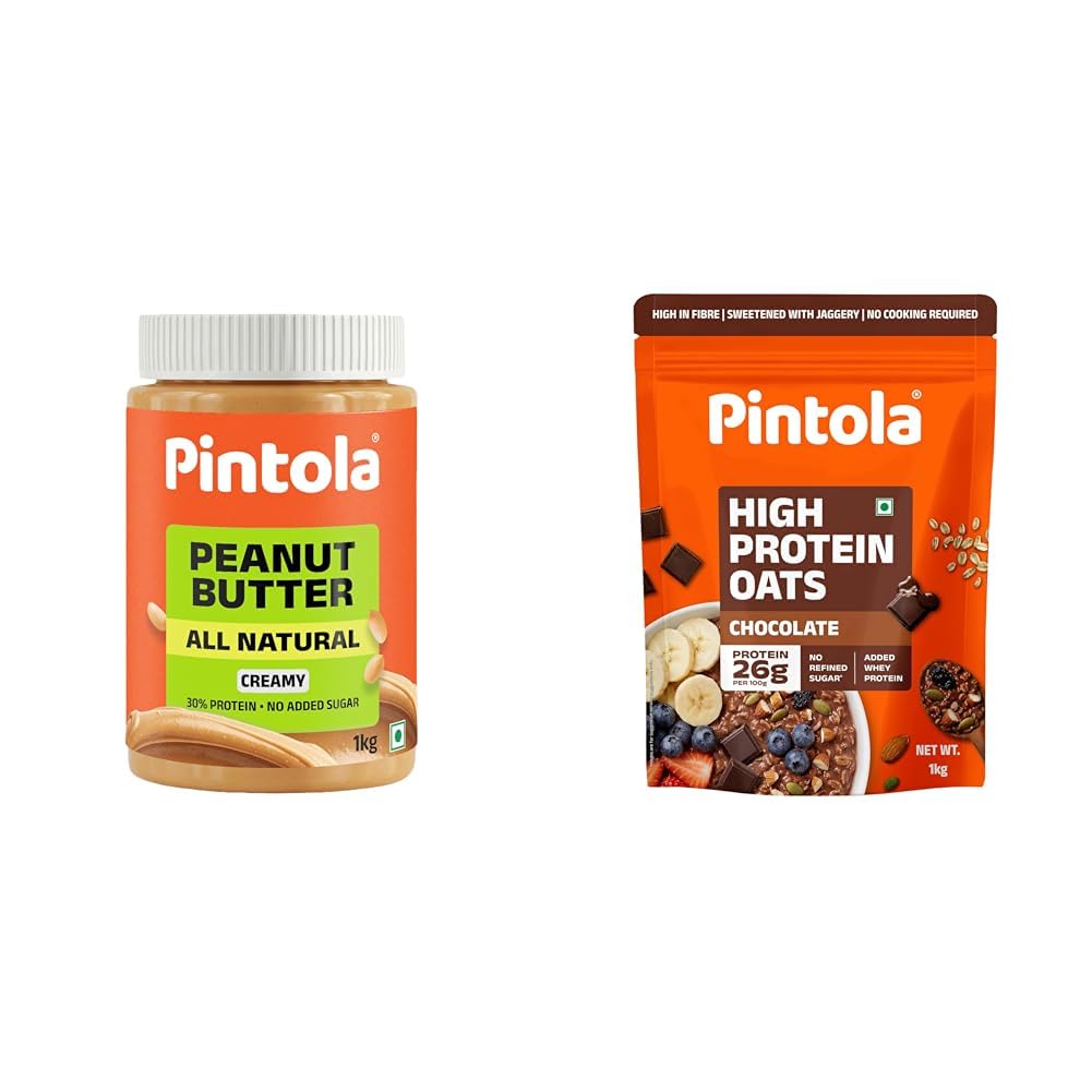Pintola All Natural Peanut Butter Creamy 1kg | Smooth | Unsweetened | 30g Protein | Gluten & + PINTOLA 25g High Protein Oats 1kg, Dark Chocolate,No Refined Sugar, with Almonds Raisin, Pumpkin