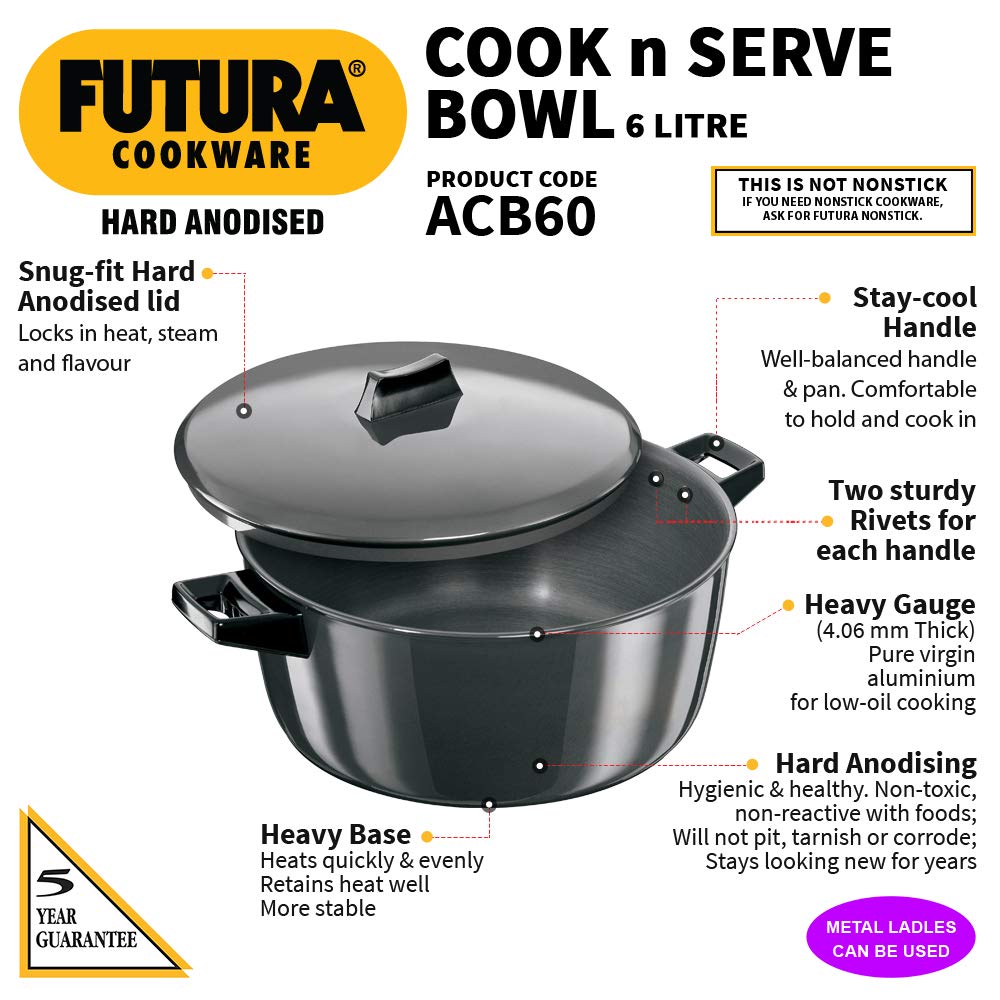 Hawkins Futura 6 Litre Cook n Serve Bowl, Hard Anodised Saucepan with Hard Anodised Lid, Sauce Pan for Cooking and Serving, Black (ACB60)