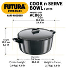 Hawkins Futura 6 Litre Cook n Serve Bowl, Hard Anodised Saucepan with Hard Anodised Lid, Sauce Pan for Cooking and Serving, Black (ACB60)