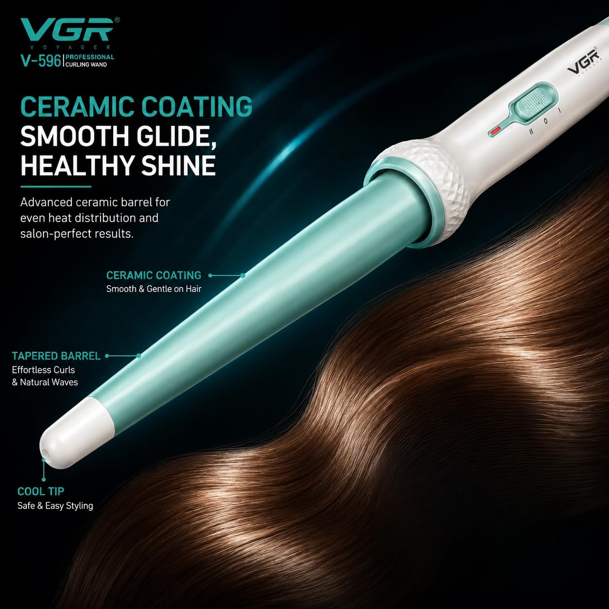 VGR V-596 Professional Curling Wand with 25MM Ceramic Coated Barrel, Fast PTC Heating, Dual Temperature Control Up to 200°C, Cool Touch Tip, Hair Curler Iron for Women, Long Lasting Curls, Green (Green)