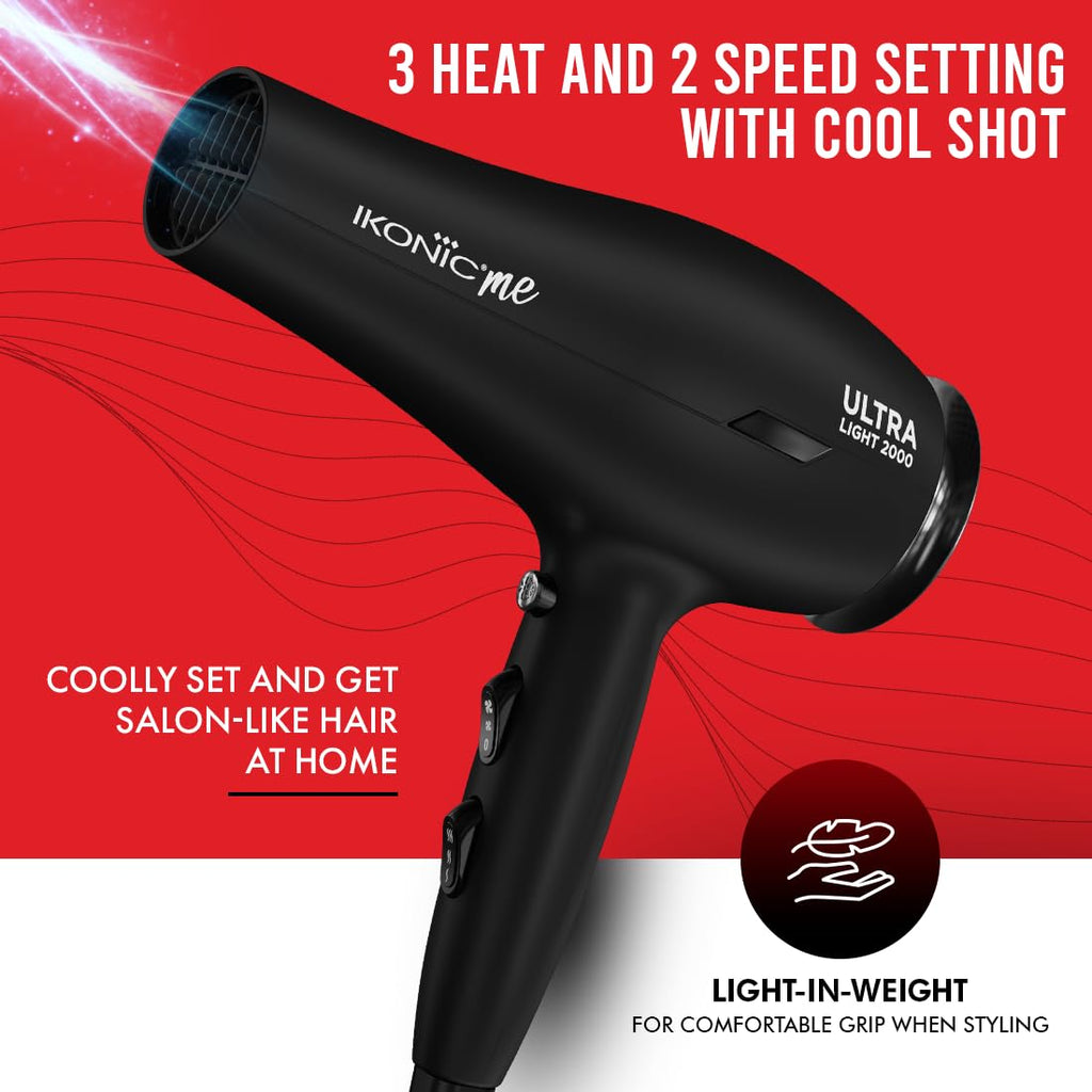 Ikonic Me Ultralight Professional Hair Dryer 2000 Watts With Nozzle, Diffuser, Hot And Cold Air Feauture, 2 Speed 3 Heat Settings With Cool Shot, Hanging Loop, For Both Men And Women, Suitable For All Hair Types, 1 Yr Warranty Black