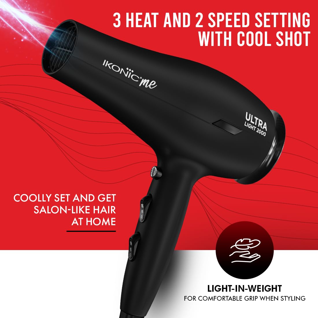 Ikonic Me Ultralight Professional Hair Dryer 2000 Watts With Nozzle, Diffuser, Hot And Cold Air Feauture, 2 Speed 3 Heat Settings With Cool Shot, Hanging Loop, For Both Men And Women, Suitable For All Hair Types, 1 Yr Warranty Black