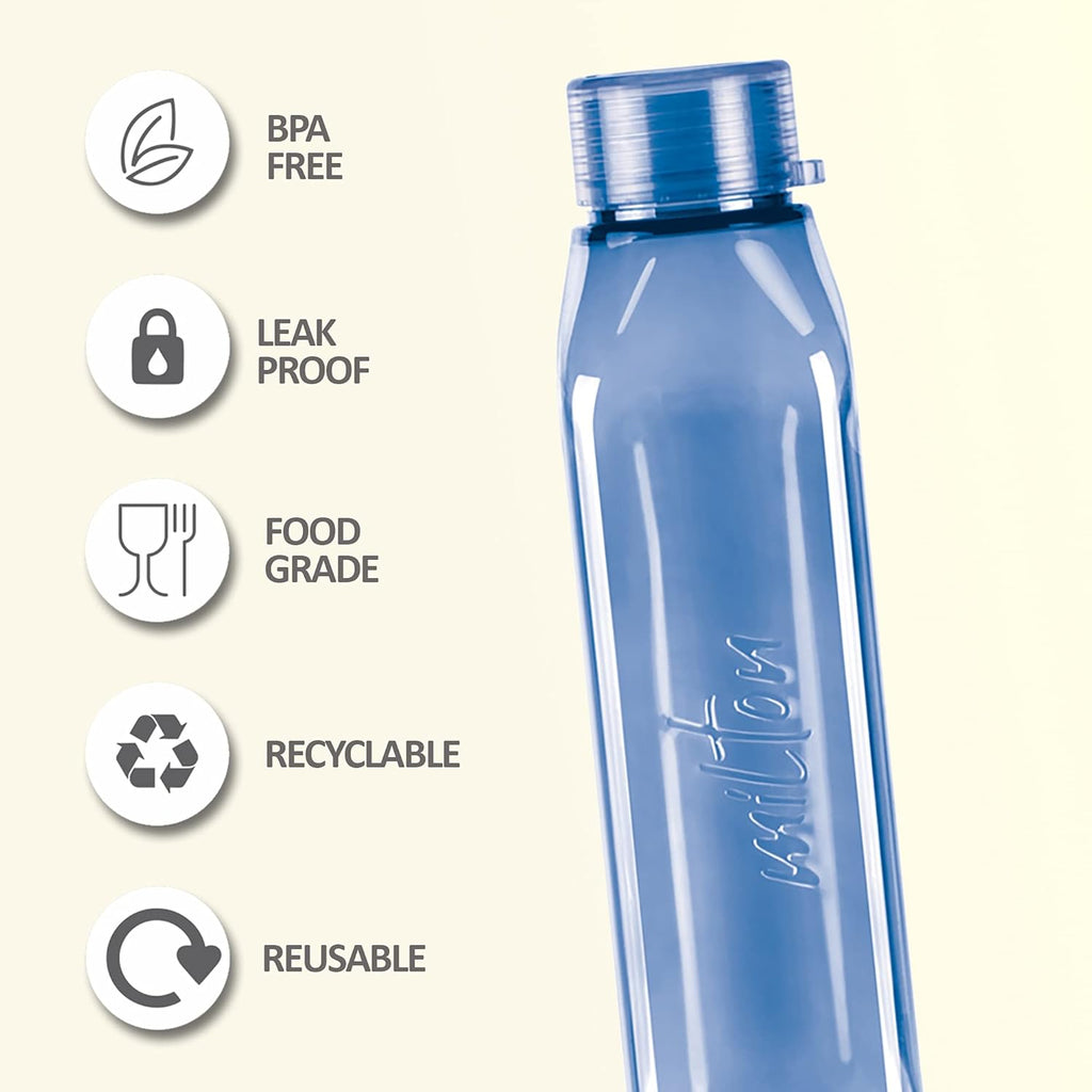 MILTON Prime 1000 Water Bottle, 1 Litre, Reusable Plastic Fridge Bottle, BPA Free and Leak Proof Bottles for Travel, Work, Pack of 1, Blue