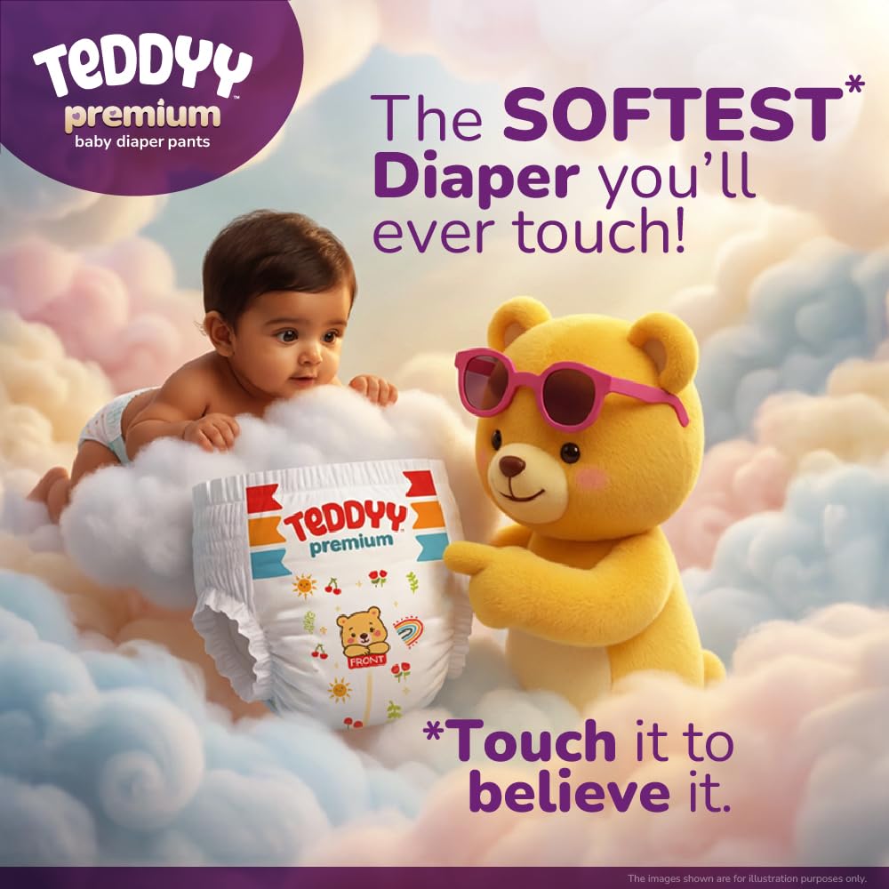 Teddyy Premium Baby Diaper L size, Pant Style | Large (9-14 kg), 64 Pants | Butter Soft Feel, Anti-Rash with Aloe Vera, 12 Hours Dryness Lock