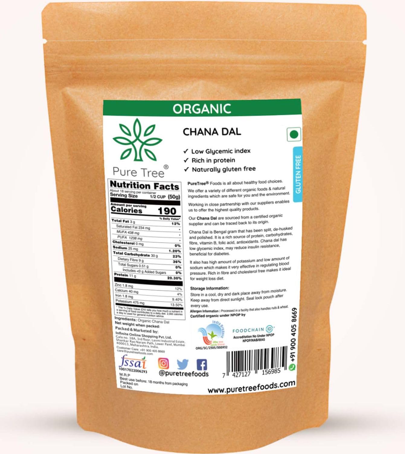 Pure Tree Certified Organic Chana Dal | 850 g