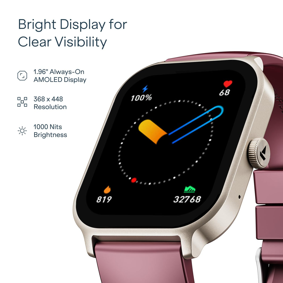 boAt Ultima Ember 2 Smartwatch, 1.96” AMOLED Display, Ultra Bright 1000 nits Brightness, AOD, Personalized Fitness Nudges, Functional Crown, 100+ Sports Mode smartwatch for Men & Women (Velvet Wine)
