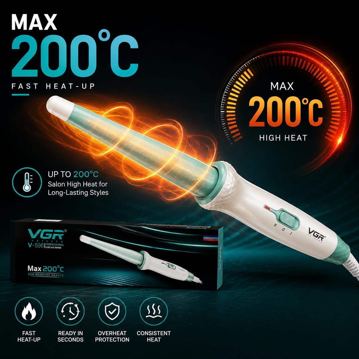 VGR V-596 Professional Curling Wand with 25MM Ceramic Coated Barrel, Fast PTC Heating, Dual Temperature Control Up to 200°C, Cool Touch Tip, Hair Curler Iron for Women, Long Lasting Curls, Green (Green)
