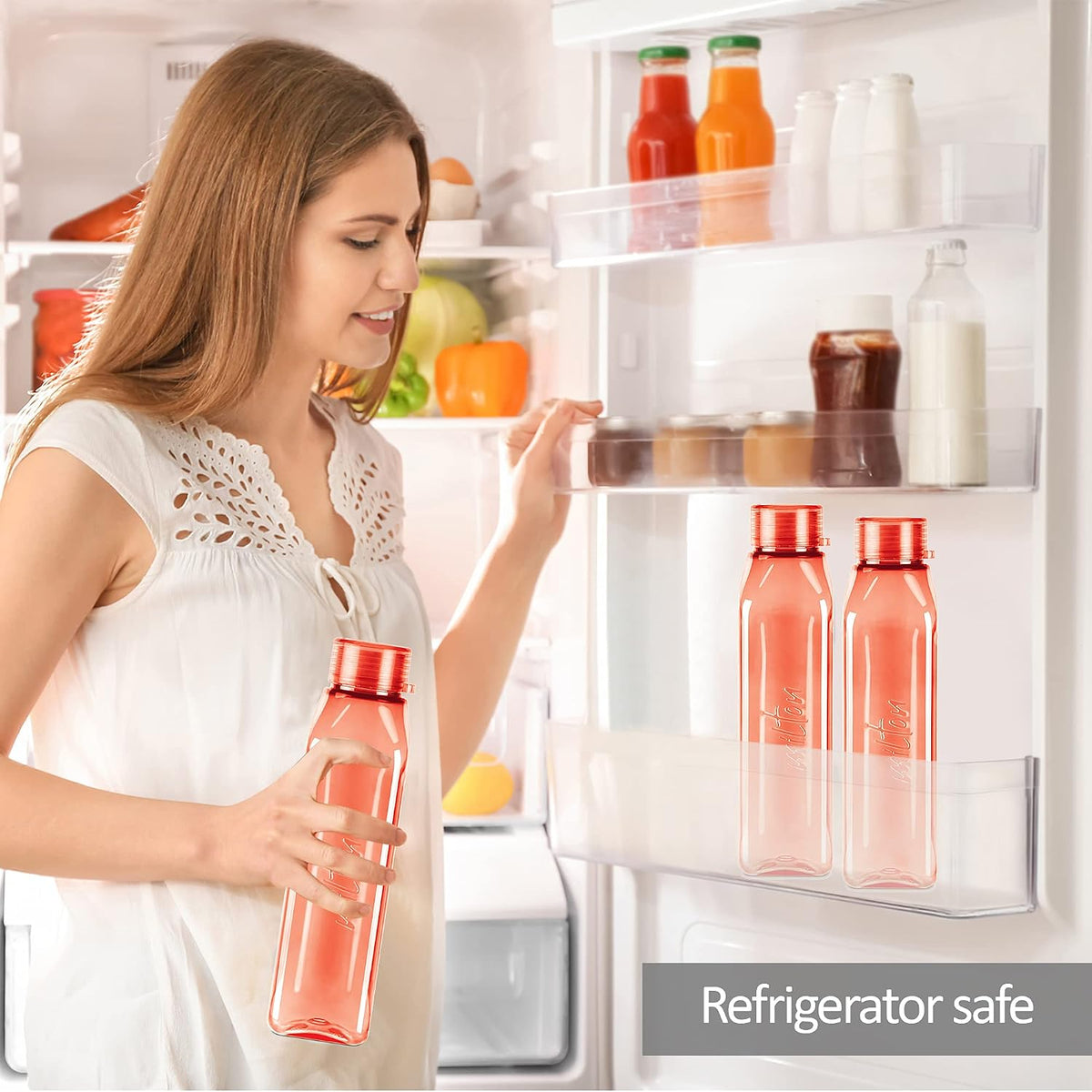 MILTON Prime Water Bottles Pack of 2, 1 Litre Each, Red, Reusable Plastic Fridge Bottle Set, BPA Free and Leak Proof Waterbottles for School, Travel, Work