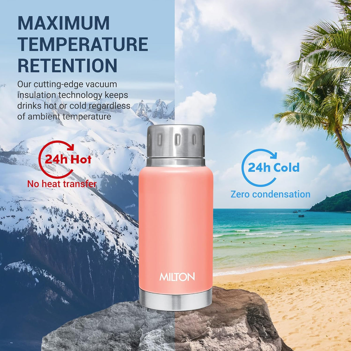 Milton Elfin 160 Thermosteel Water Bottle 160 ml, 24 Hr Hot and Cold I Leak Proof Lid, ISI Certified I Vacuum Insulated I for Office, Gym, School I Peach