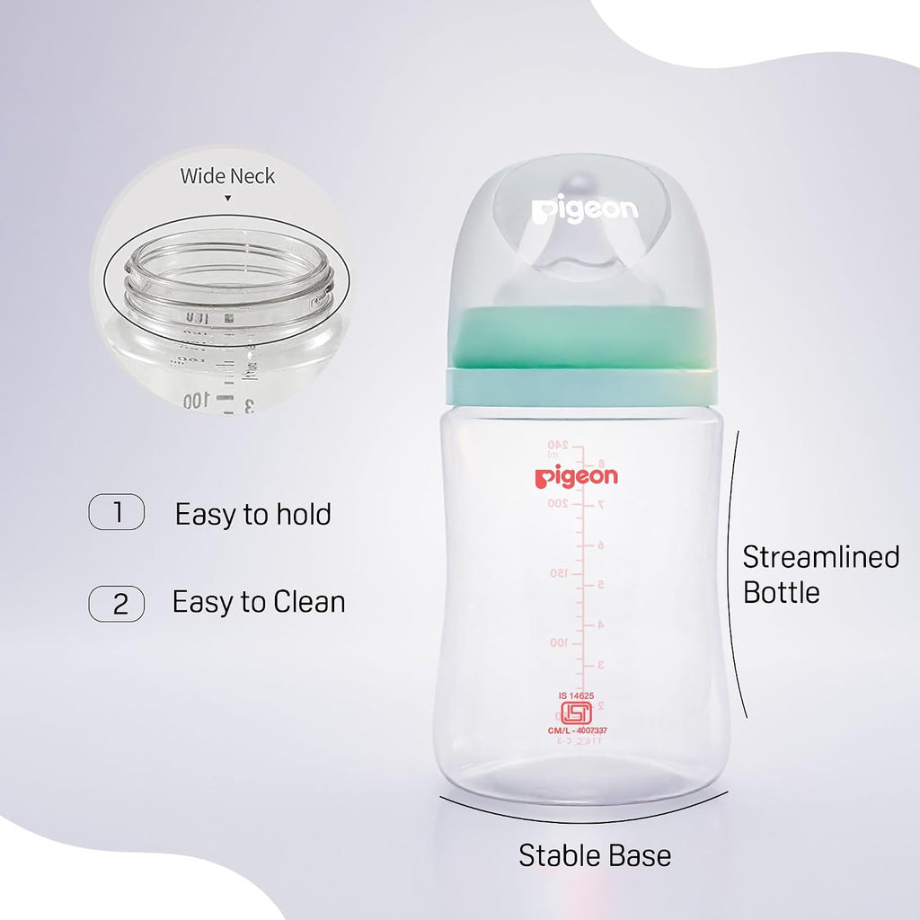 Pigeon WN3 PP Nursing Bottle 240ml with Plus Type Green Nipple Plastic Anti-Colic, Safe & Durable