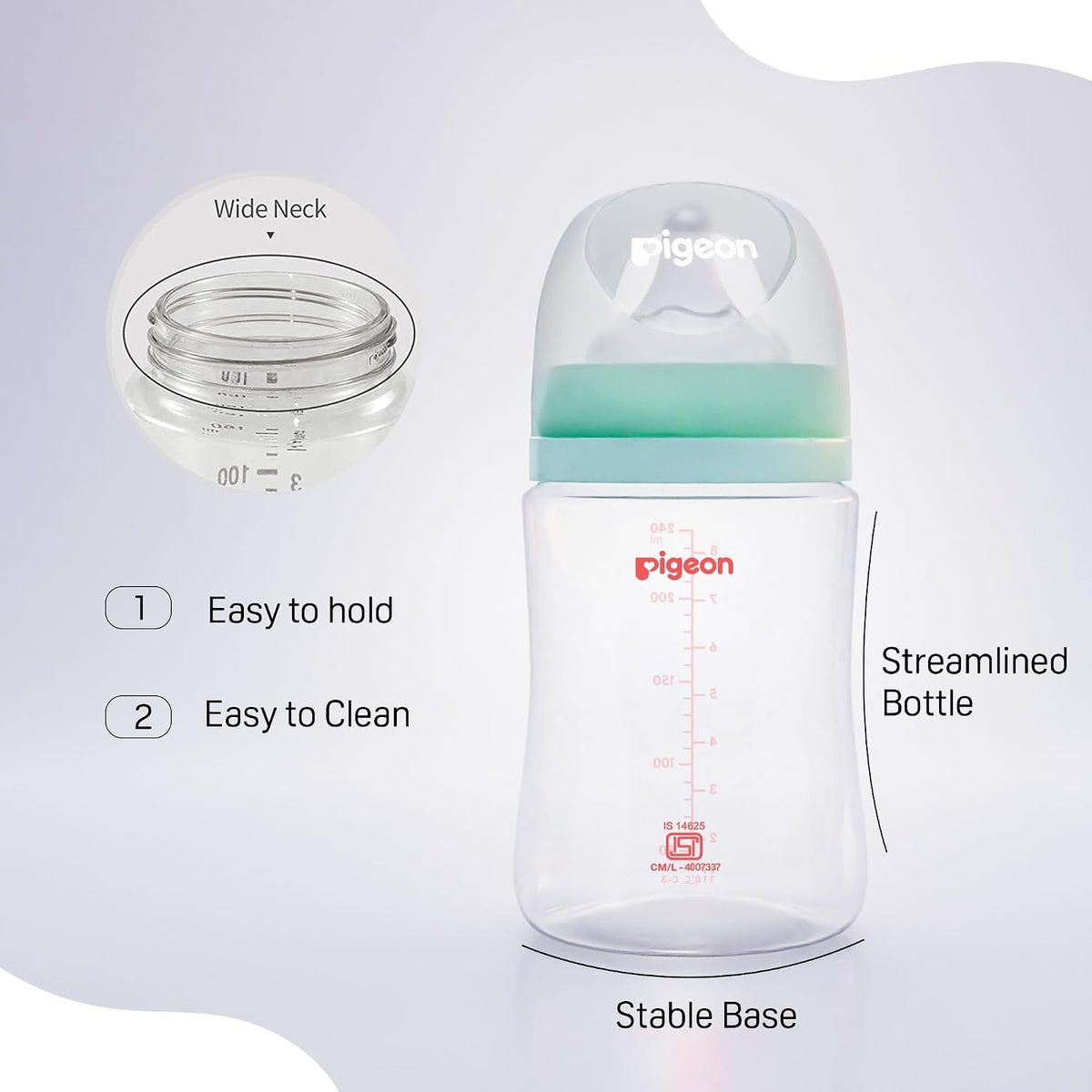 Pigeon WN3 PP Nursing Bottle 240ml with Plus Type Green Nipple Plastic Anti-Colic, Safe & Durable