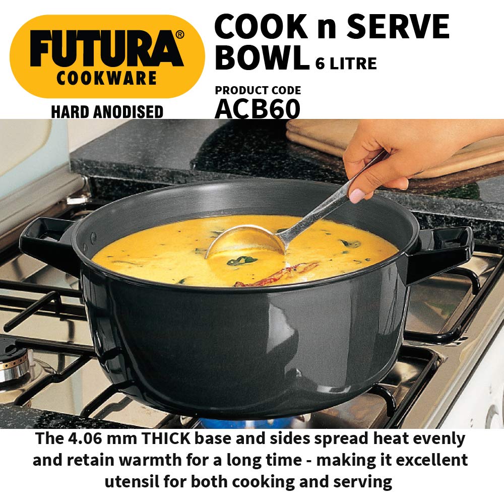 Hawkins Futura 6 Litre Cook n Serve Bowl, Hard Anodised Saucepan with Hard Anodised Lid, Sauce Pan for Cooking and Serving, Black (ACB60)