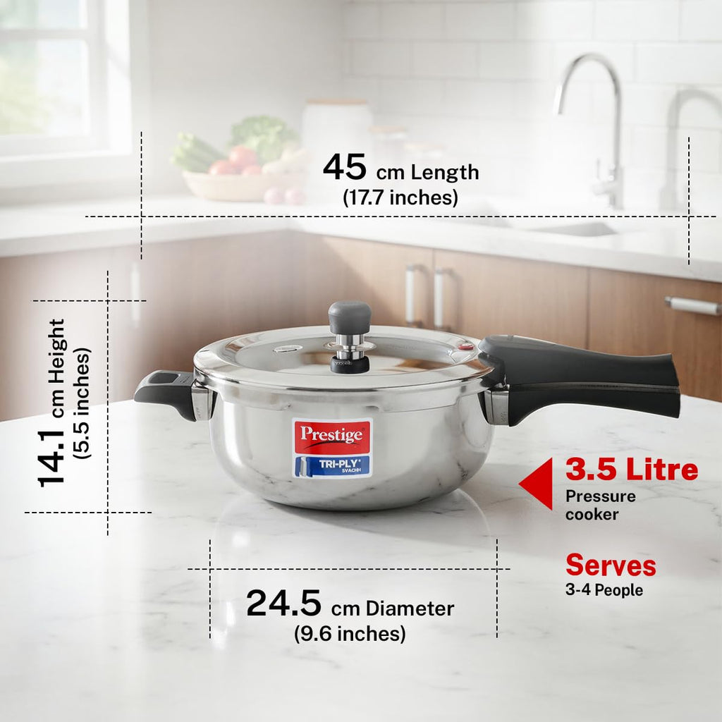 Prestige 3.5 Litre Triply Svachh Outerlid Pressure Cooker|Deep lid for spillage control|Gas & Induction Compatible|Triply body for even heating|Gasket Release System|5 Years warranty|ISI certified