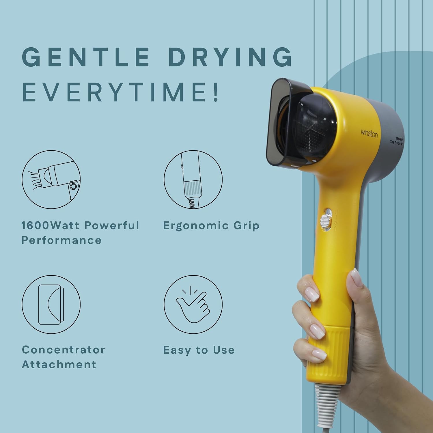 Winston Turbo X Hair Dryer 1600W for Men and Women, Compact and Fast Drying with 3 Speed/ 2 Heat Settings with Low Noise & Overheat Protection - All Hair Types