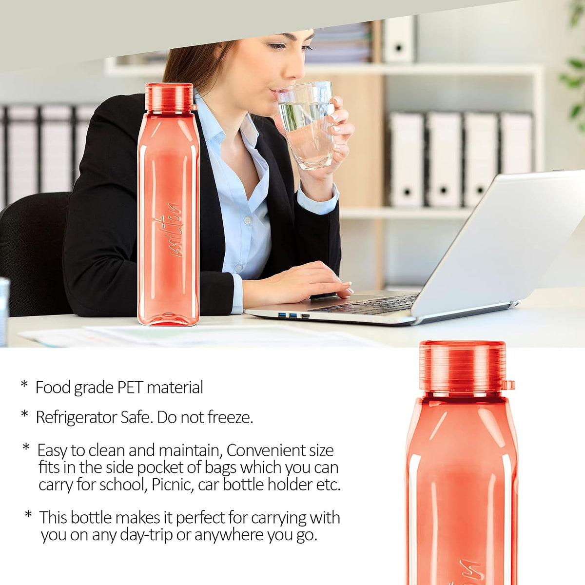 MILTON Prime Water Bottles Pack of 2, 1 Litre Each, Red, Reusable Plastic Fridge Bottle Set, BPA Free and Leak Proof Waterbottles for School, Travel, Work