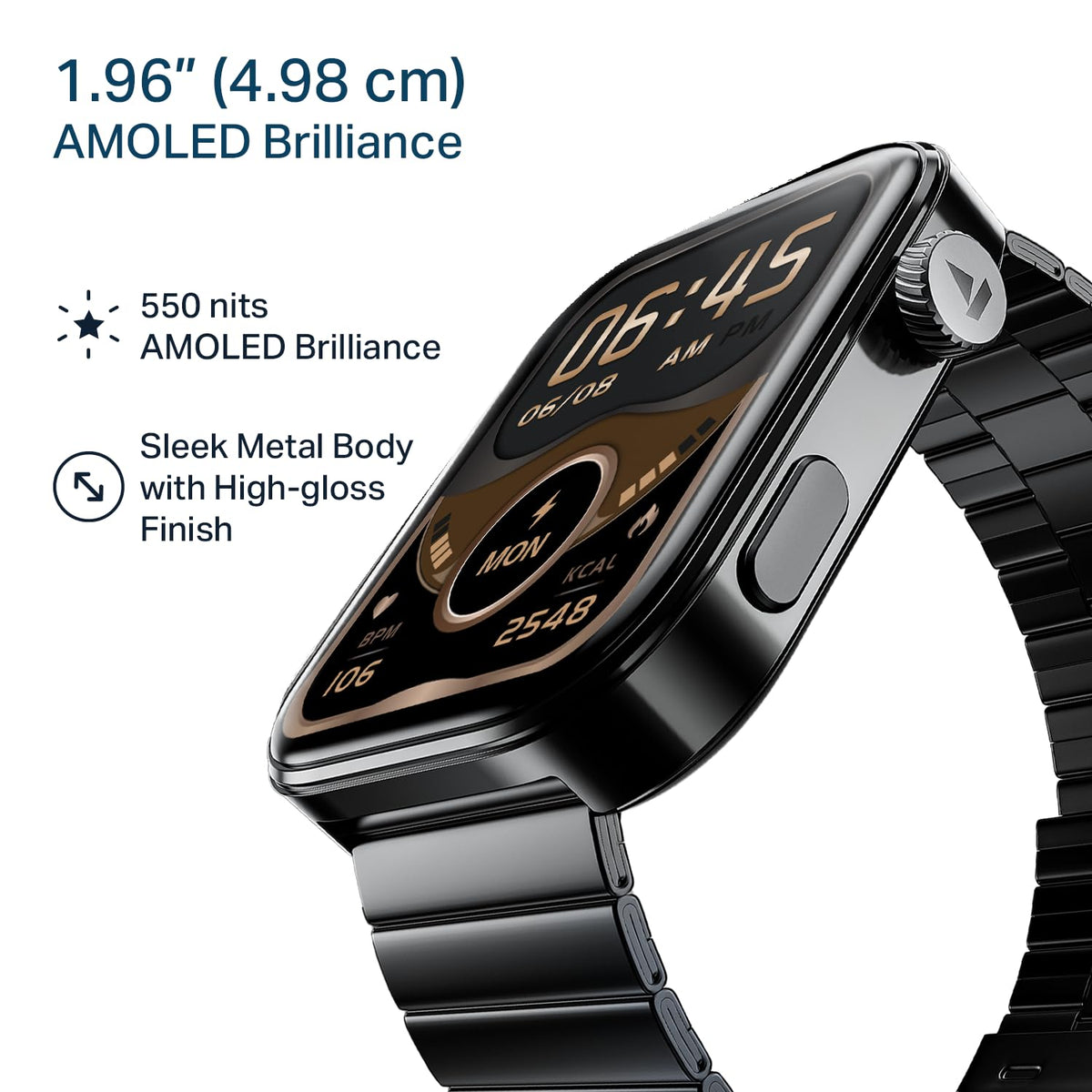 boAt Chrome Endeavour, Premium Metal Body, 1.96”(4.97cm) AMOLED Display,AI Coach Health Insights,Advanced S1 Processor,HRV,VO2 Max,Auto Watchface Refresh, Smart Watch for Men & Women (Steel Black)