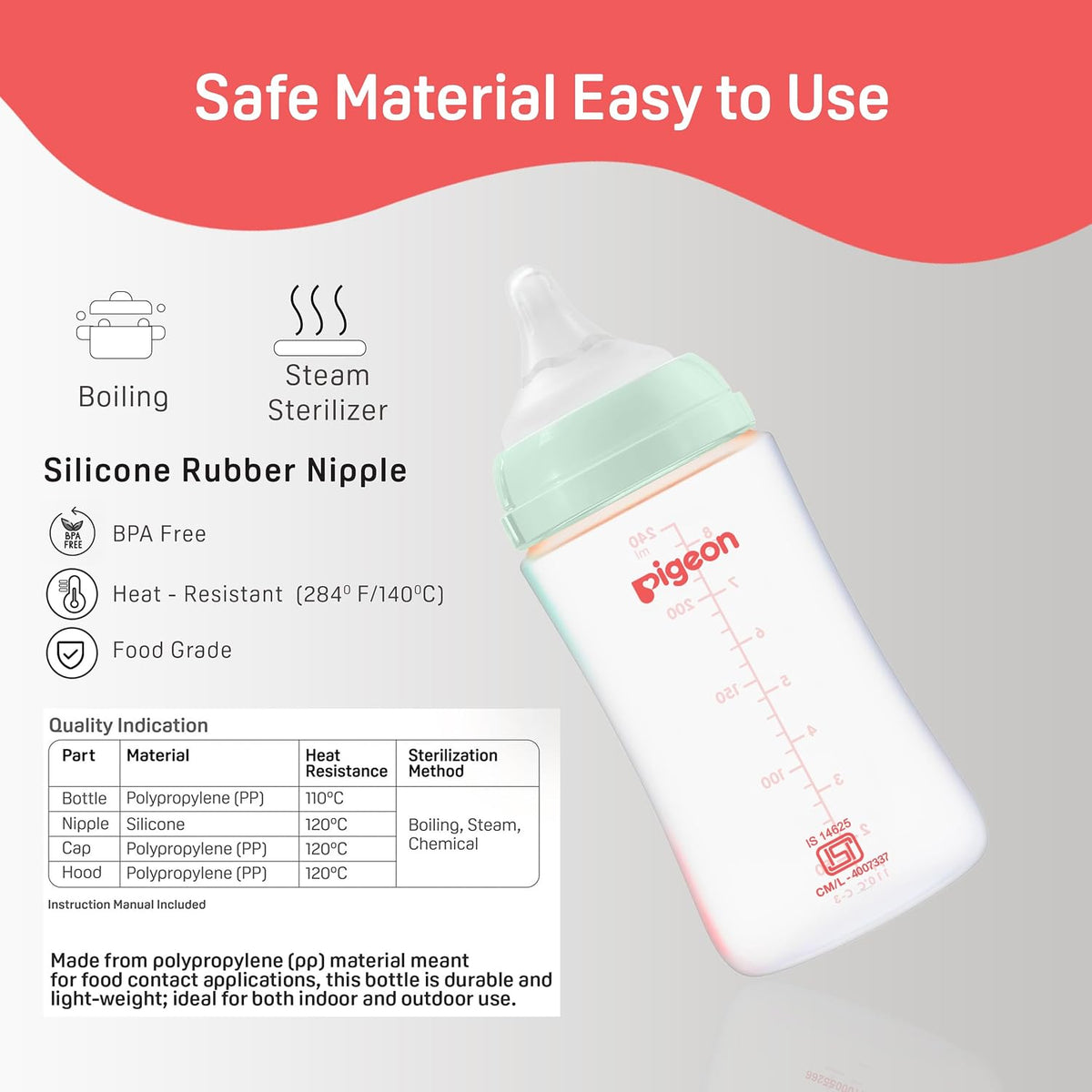 Pigeon WN3 PP Nursing Bottle 240ml with Plus Type Green Nipple Plastic Anti-Colic, Safe & Durable