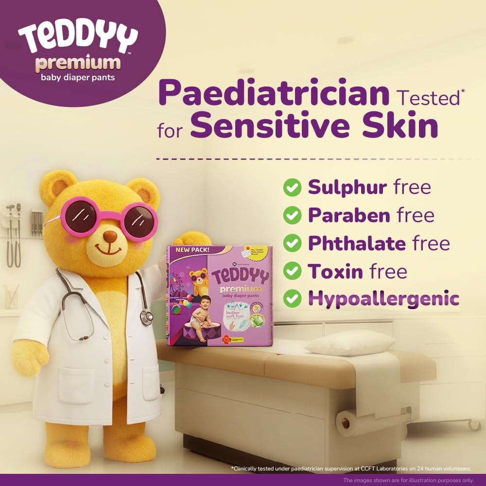 Teddyy Premium Baby Diaper L size, Pant Style | Large (9-14 kg), 64 Pants | Butter Soft Feel, Anti-Rash with Aloe Vera, 12 Hours Dryness Lock