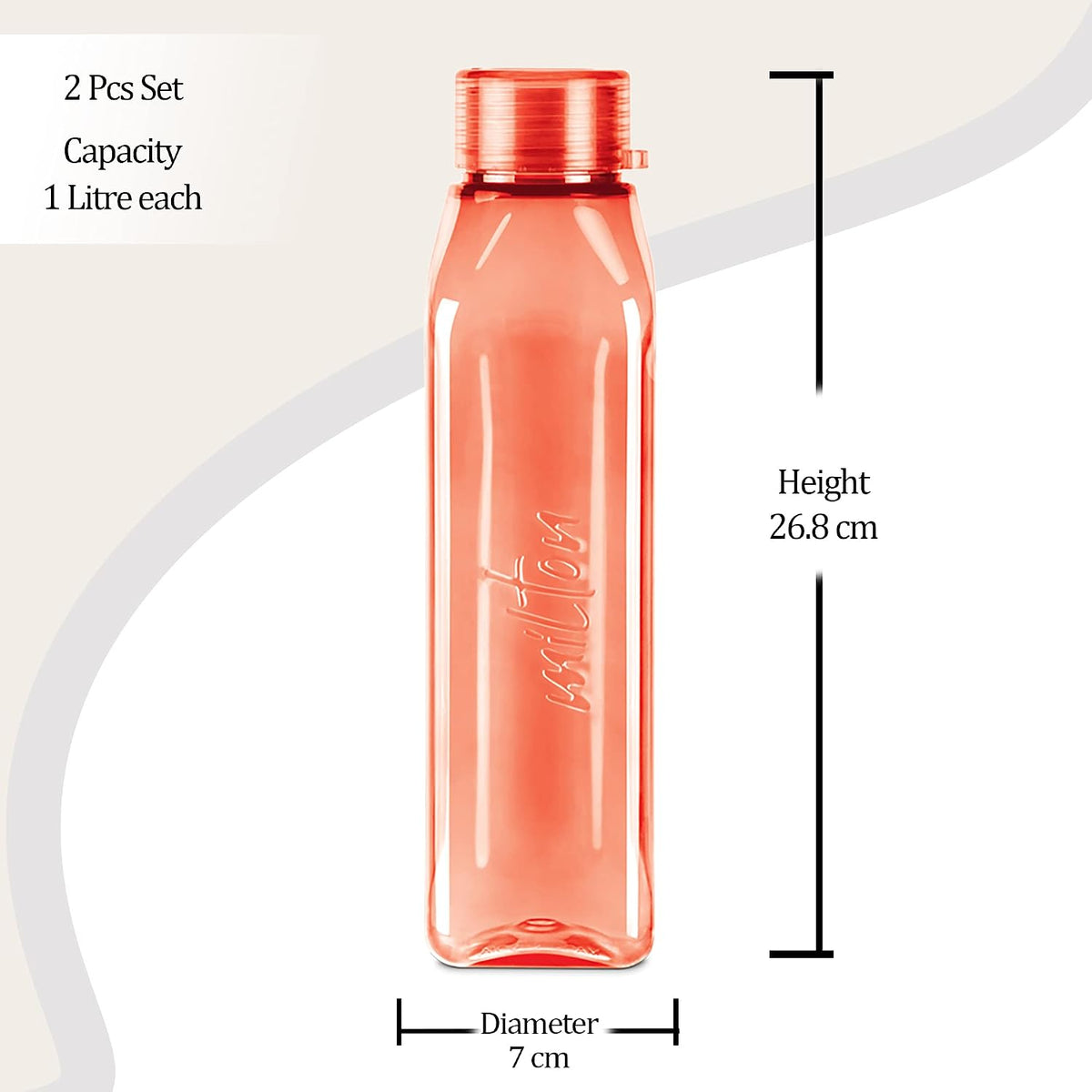 MILTON Prime Water Bottles Pack of 2, 1 Litre Each, Red, Reusable Plastic Fridge Bottle Set, BPA Free and Leak Proof Waterbottles for School, Travel, Work